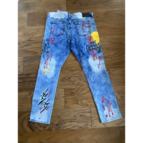 Rue 21 Premium Men's Jeans Blue Design Patch Distressed Skinny Fit Denim Jean - Picture 4 of 6